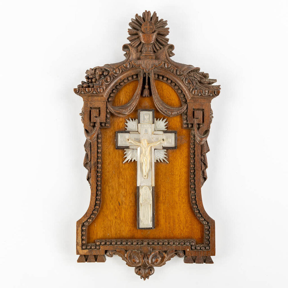 Antique 19thc wood carved plaque mother pearl crucifix signed religious