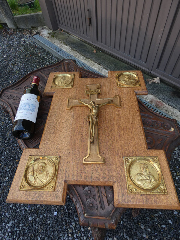 Antique Rare Religious wood plaque bronze crucifix 4 evangelist portraits
