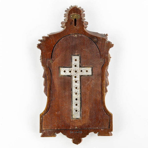 Antique 19thc wood carved plaque mother pearl crucifix signed religious