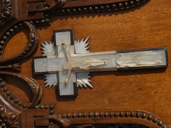 Antique 19thc wood carved plaque mother pearl crucifix signed religious