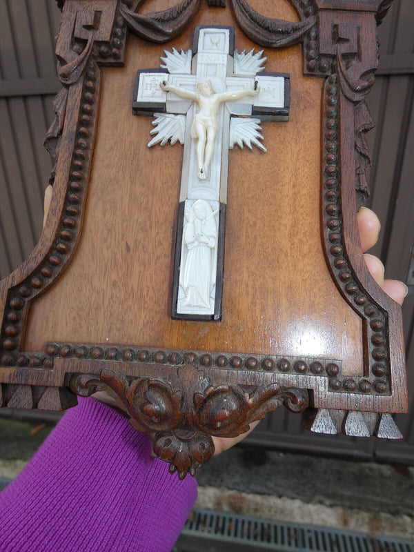 Antique 19thc wood carved plaque mother pearl crucifix signed religious