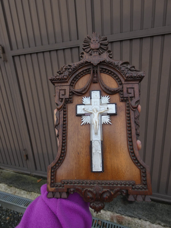 Antique 19thc wood carved plaque mother pearl crucifix signed religious