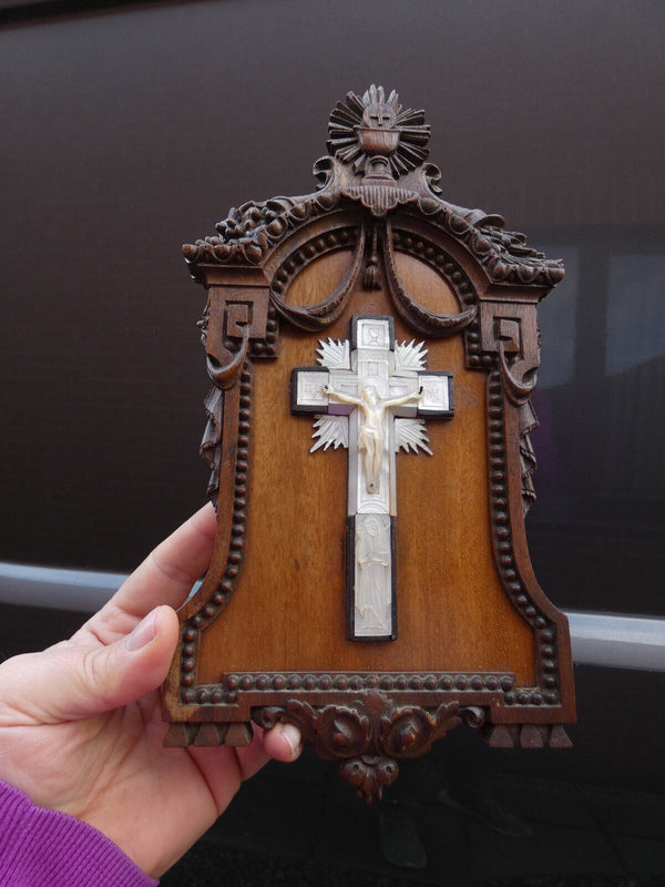 Antique 19thc wood carved plaque mother pearl crucifix signed religious