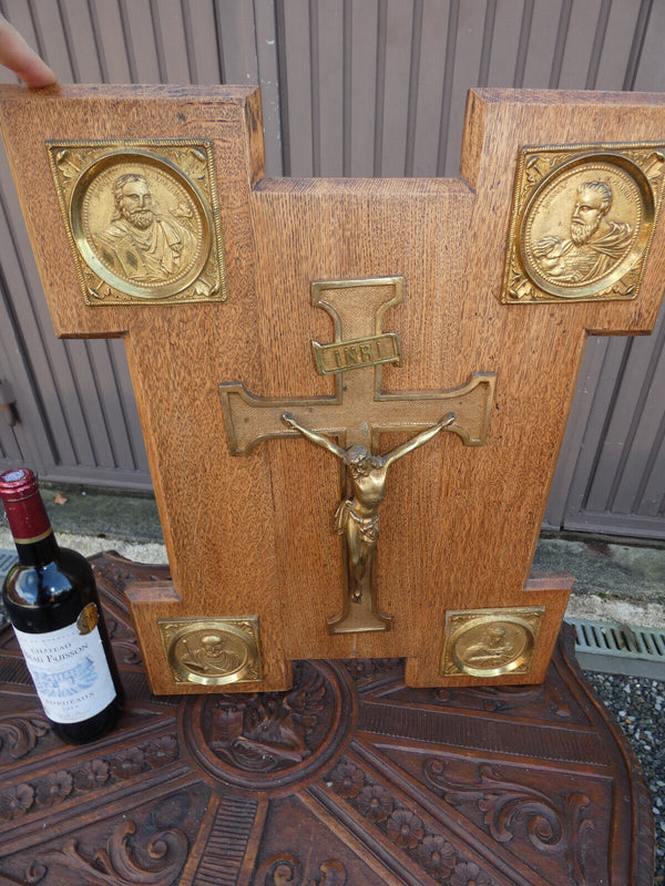 Antique Rare Religious wood plaque bronze crucifix 4 evangelist portraits