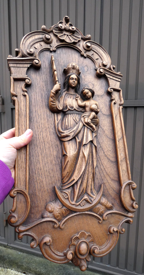 Vintage Large relief wood carved plaque madonna child religious rare