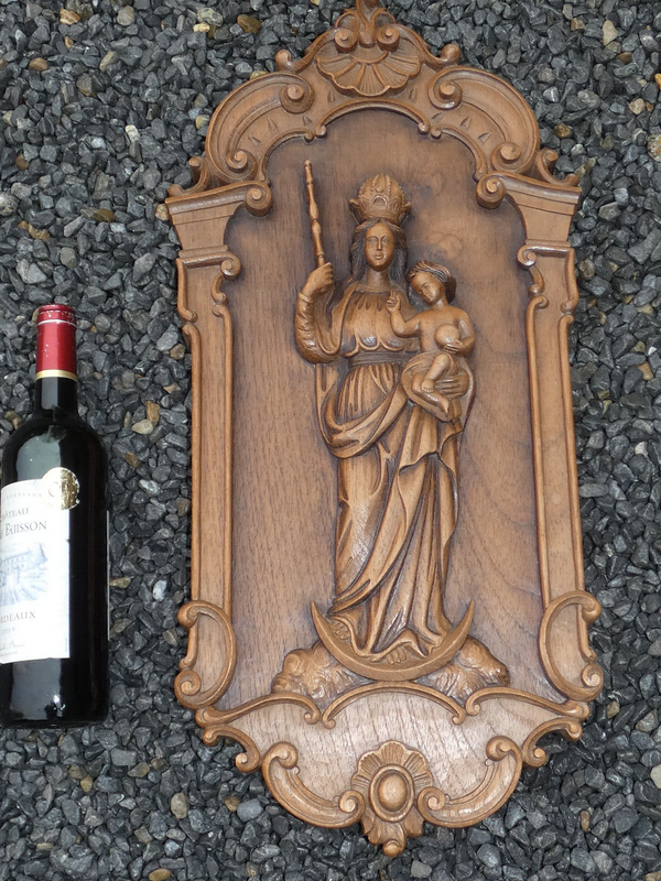 Vintage Large relief wood carved plaque madonna child religious rare