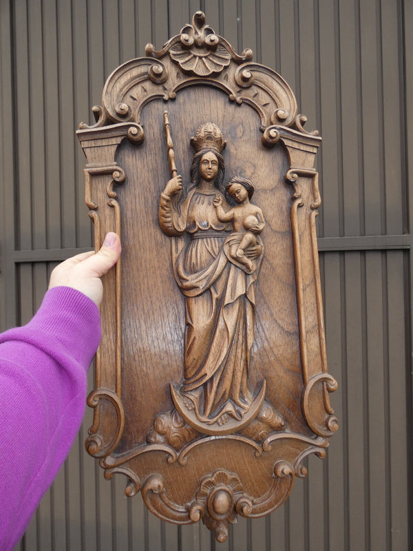 Vintage Large relief wood carved plaque madonna child religious rare