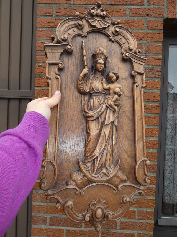 Vintage Large relief wood carved plaque madonna child religious rare