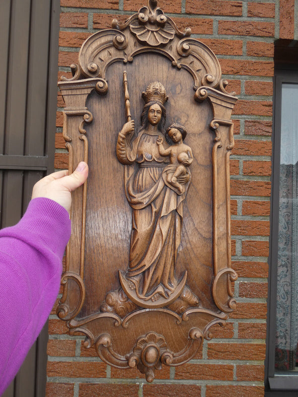 Vintage Large relief wood carved plaque madonna child religious rare