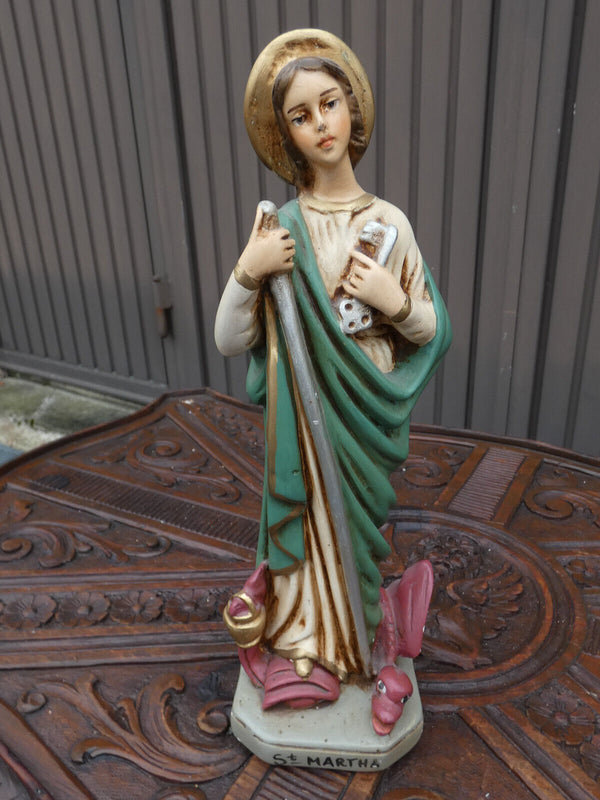 Vintage chalk statue of Saint Martha dragon figurine rare marked