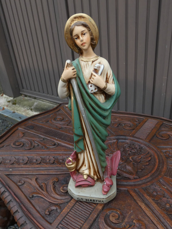 Vintage chalk statue of Saint Martha dragon figurine rare marked