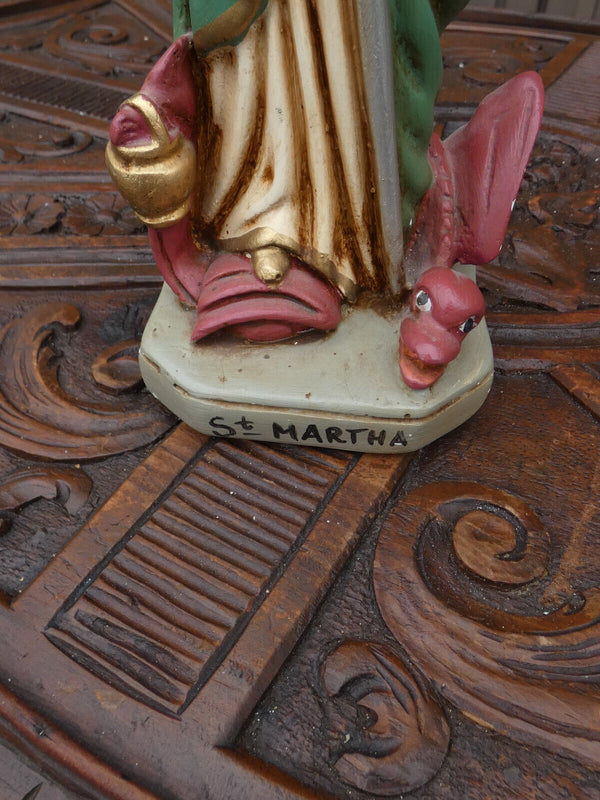 Vintage chalk statue of Saint Martha dragon figurine rare marked