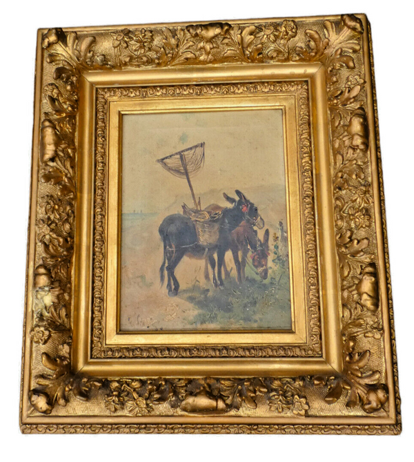 Antique Belgian Henry SCHOUTEN oil canvas donkey animal painting rare signed