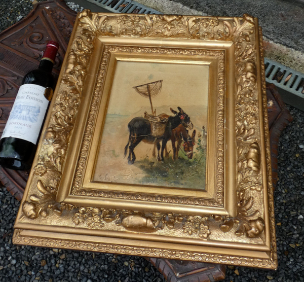 Antique Belgian Henry SCHOUTEN oil canvas donkey animal painting rare signed