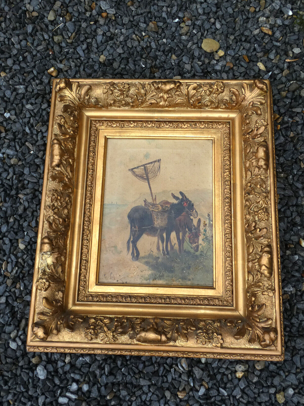 Antique Belgian Henry SCHOUTEN oil canvas donkey animal painting rare signed