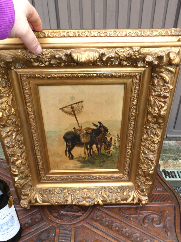 Antique Belgian Henry SCHOUTEN oil canvas donkey animal painting rare signed