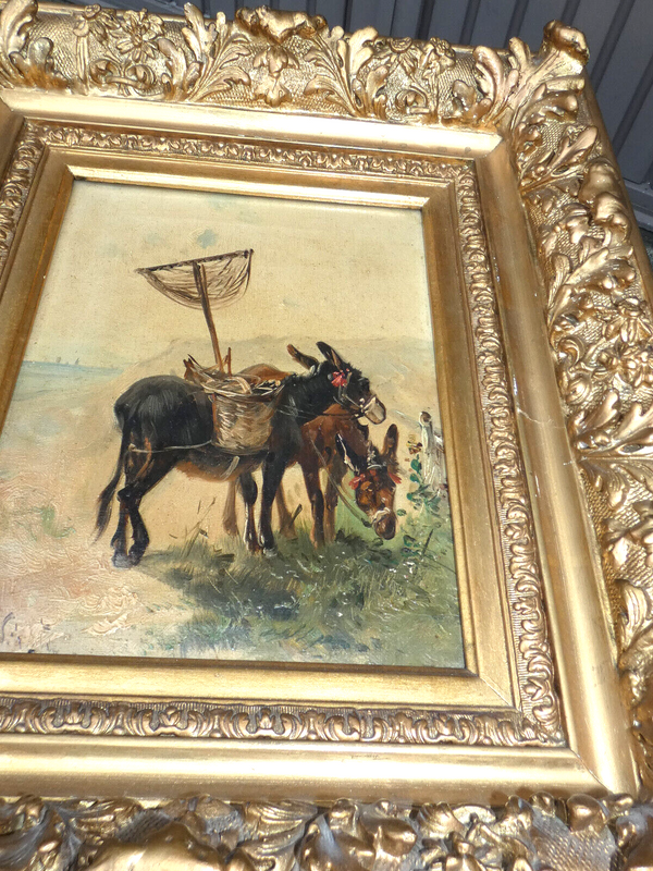 Antique Belgian Henry SCHOUTEN oil canvas donkey animal painting rare signed