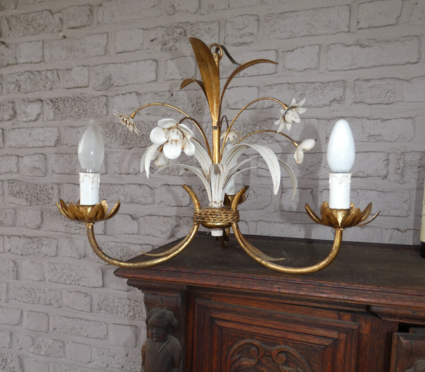 vintage metal gold white gild leaf flowers chandelier lamp 1970