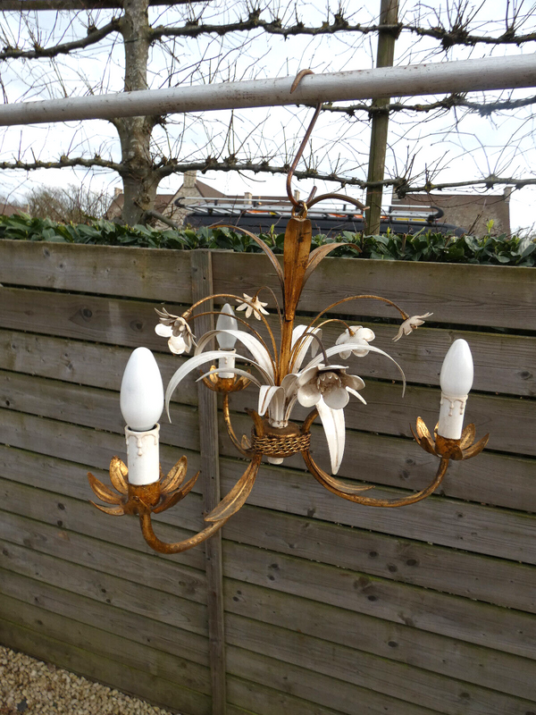 vintage metal gold white gild leaf flowers chandelier lamp 1970