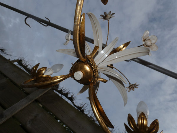 vintage metal gold white gild leaf flowers chandelier lamp 1970