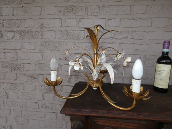 vintage metal gold white gild leaf flowers chandelier lamp 1970