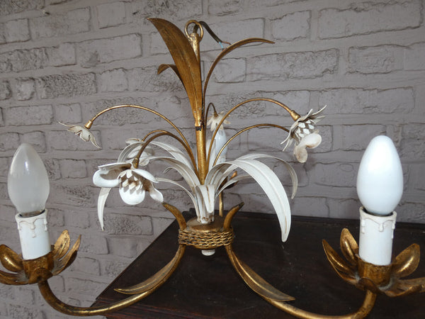 vintage metal gold white gild leaf flowers chandelier lamp 1970