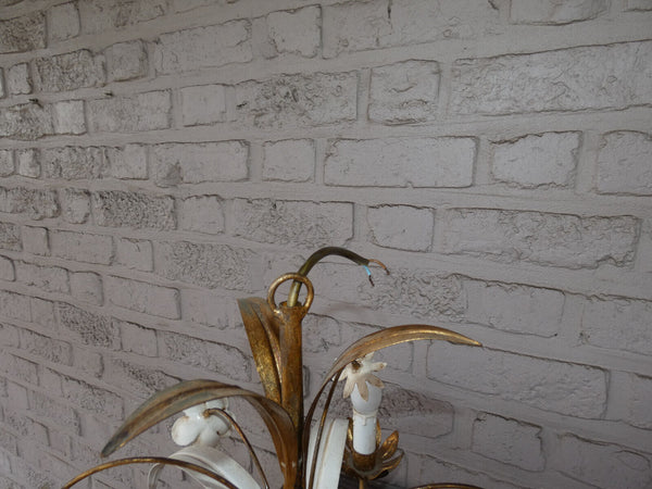 vintage metal gold white gild leaf flowers chandelier lamp 1970