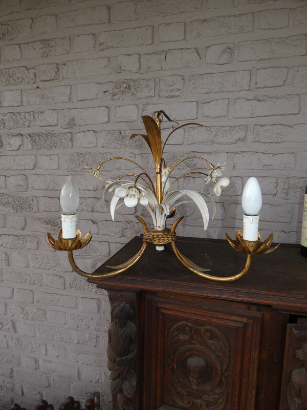 vintage metal gold white gild leaf flowers chandelier lamp 1970