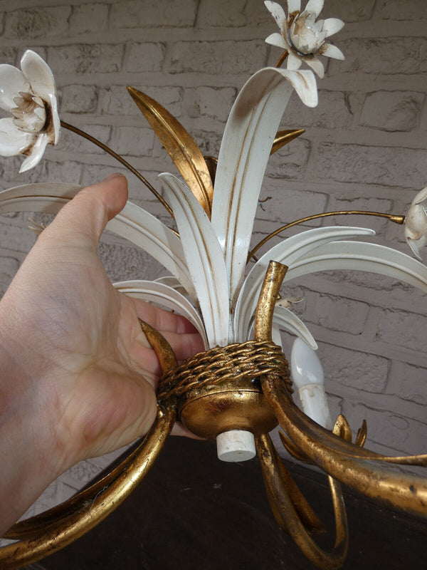 vintage metal gold white gild leaf flowers chandelier lamp 1970