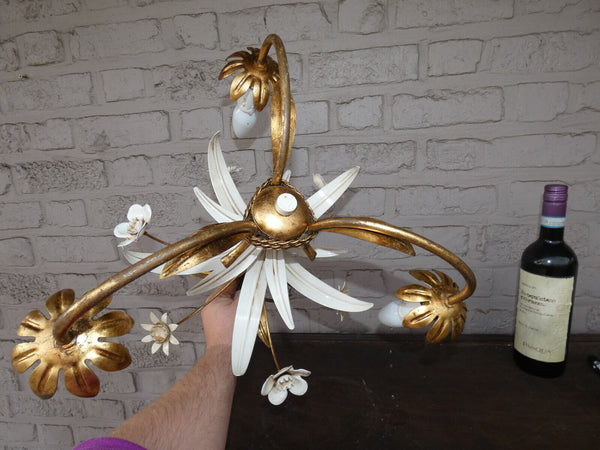 vintage metal gold white gild leaf flowers chandelier lamp 1970