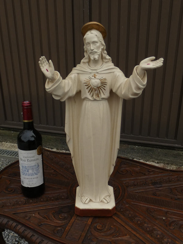 Antique large  DOMMISSE signed large chalk jesus statue figurine religious