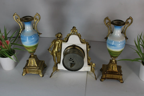 Vintage vienna porcelain mantel clock set urns angels cherub putti