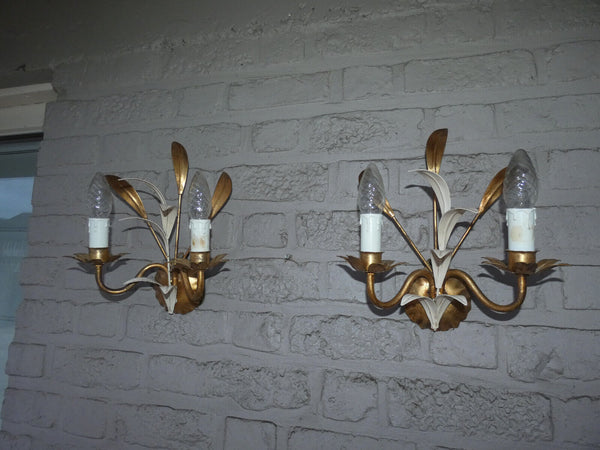 pair vintage italian gold white gilt metal leaves wall lights sconces