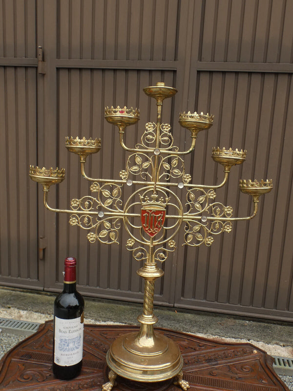 Antique XL Church altar candelabra 7 arm stones lion paws rare religious