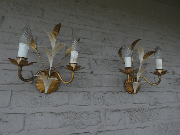 pair vintage italian gold white gilt metal leaves wall lights sconces