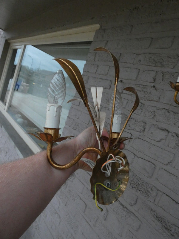 pair vintage italian gold white gilt metal leaves wall lights sconces