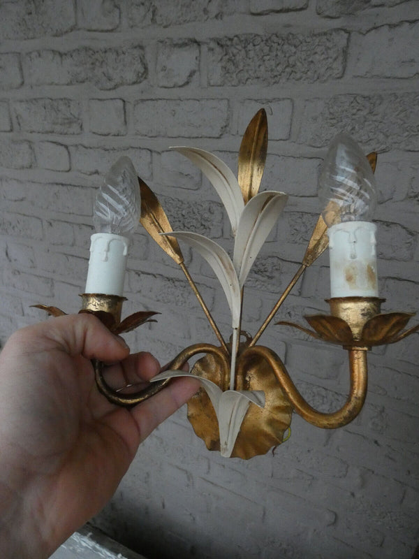 pair vintage italian gold white gilt metal leaves wall lights sconces