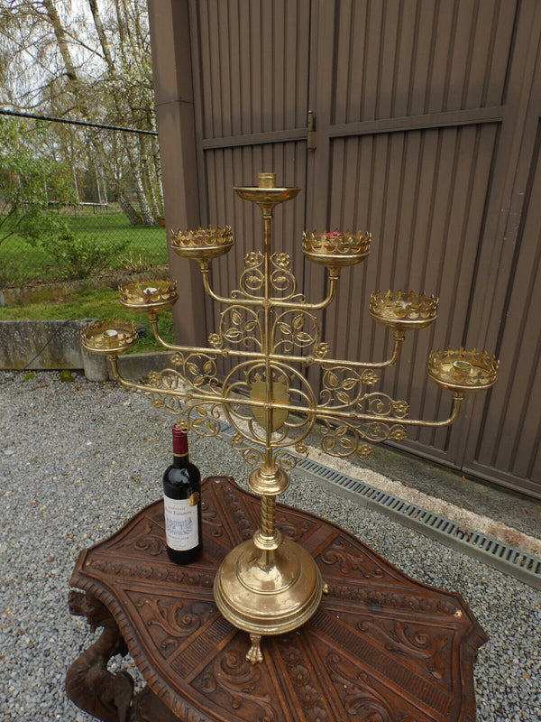 Antique XL Church altar candelabra 7 arm stones lion paws rare religious