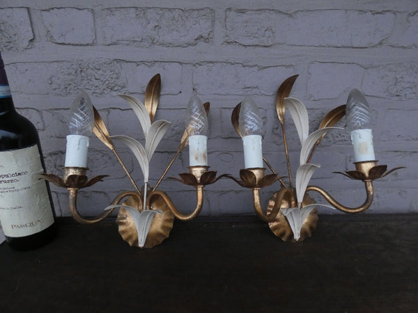 pair vintage italian gold white gilt metal leaves wall lights sconces