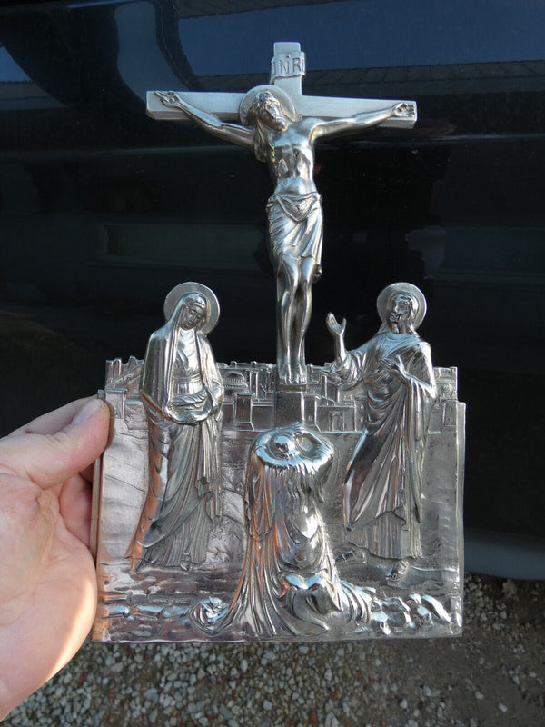 Vintage Belgian Metal calvary plaque religious