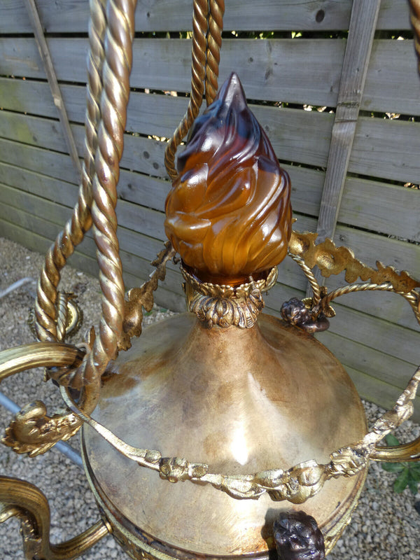 Top Bronze metal 3 putti cherub Chandelier Lamp louis XVI garland amber flame