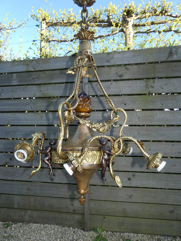 Top Bronze metal 3 putti cherub Chandelier Lamp louis XVI garland amber flame