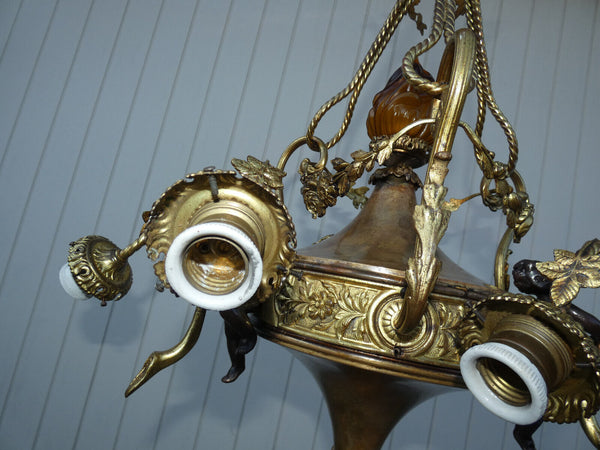 Top Bronze metal 3 putti cherub Chandelier Lamp louis XVI garland amber flame