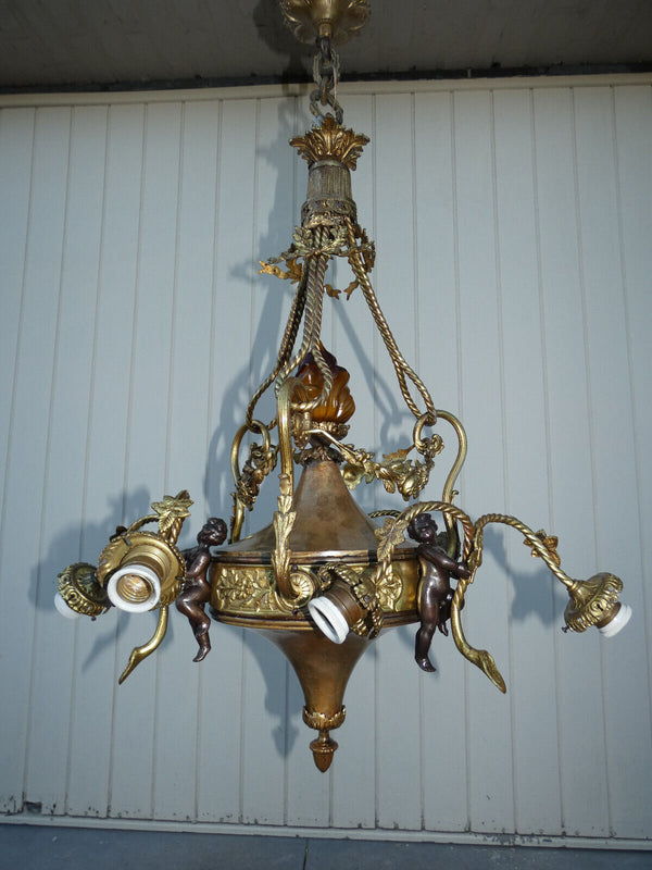 Top Bronze metal 3 putti cherub Chandelier Lamp louis XVI garland amber flame