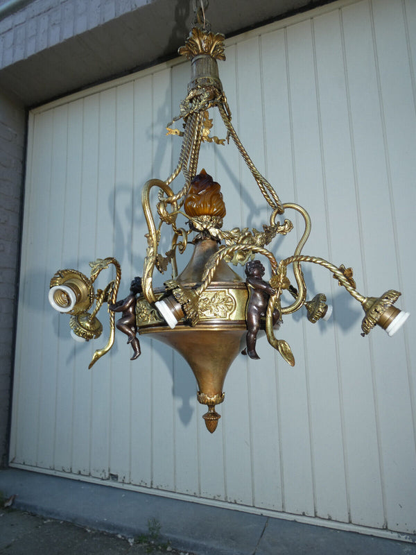 Top Bronze metal 3 putti cherub Chandelier Lamp louis XVI garland amber flame