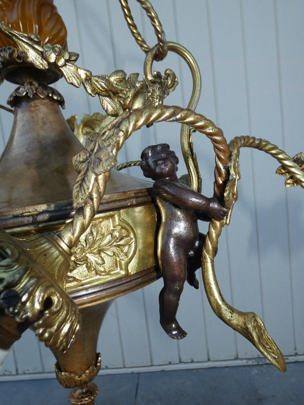 Top Bronze metal 3 putti cherub Chandelier Lamp louis XVI garland amber flame