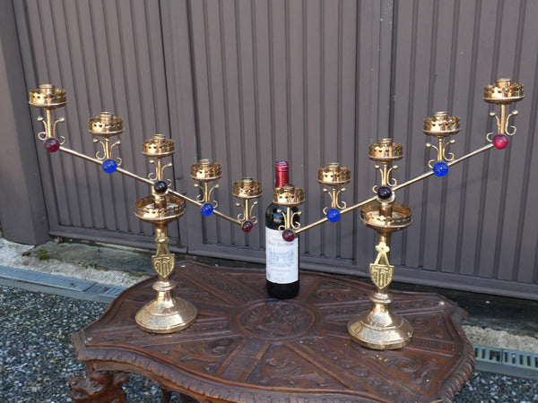 PAIR antique church brass Candelabras color stones religious set rare