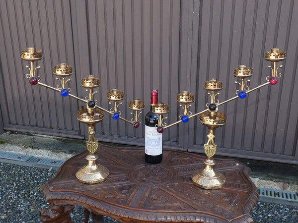 PAIR antique church brass Candelabras color stones religious set rare