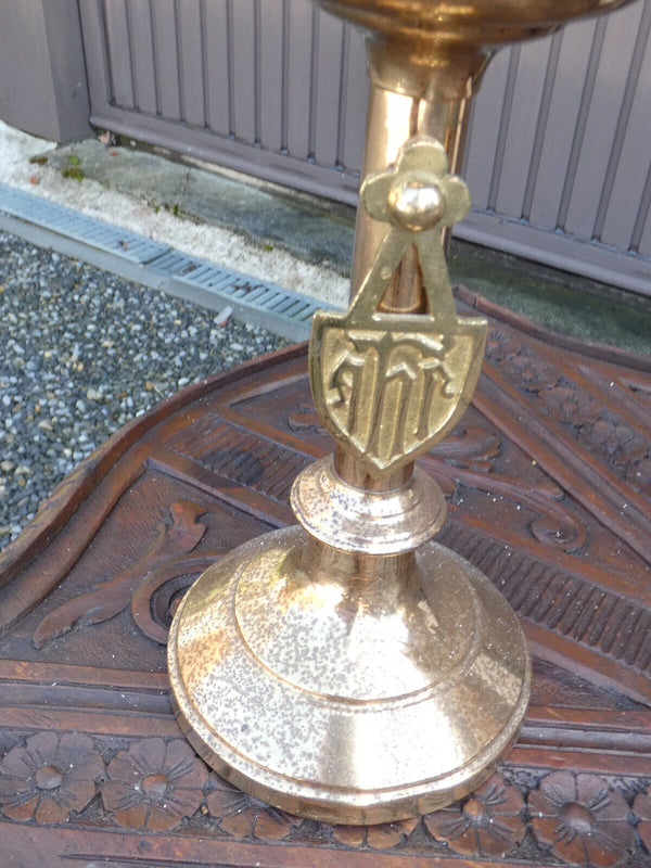 PAIR antique church brass Candelabras color stones religious set rare