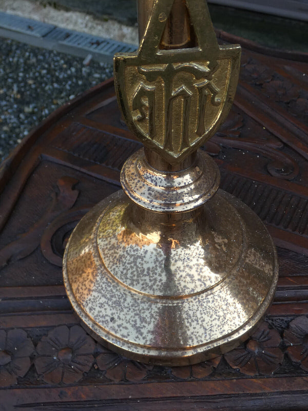 PAIR antique church brass Candelabras color stones religious set rare